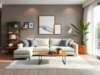 Fototapeta premium Cozy Living Room Interior Design Modern Sofa, Coffee Table, Plants, Artwork, and Stylish Decor.