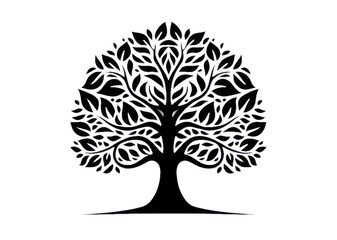 Obraz premium Illustration of a stylized tree with dense foliage in black and white on a black background