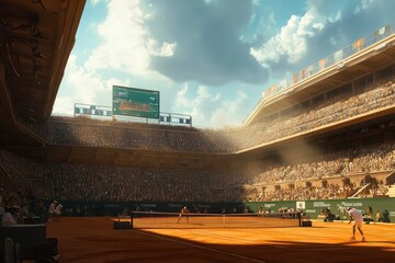 Morning light shines over the arena, creating a warm and active atmosphere