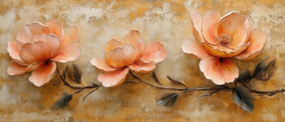 Elegant Floral Arrangement Featuring Peach Roses on a Textured Gold Background in an Artistic Oil Painting Style
