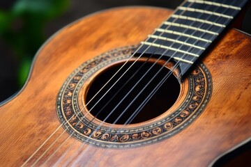 Obraz premium Close-up of an acoustic guitar body with strings and wooden texture