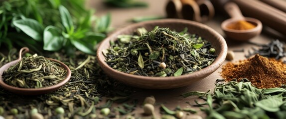 Fototapeta premium lush organic herb assortment in vibrant bowl on table