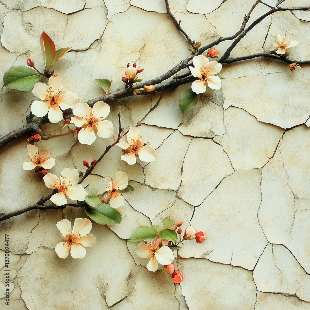 Poster delicate blossoms on a branch against a cracked wall creating a serene and rustic springtime scene w