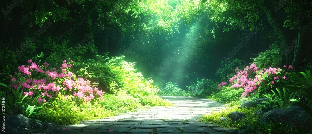 Poster sunlight filters through trees, lighting a stone path lined with bushes and flowers in a serene fore
