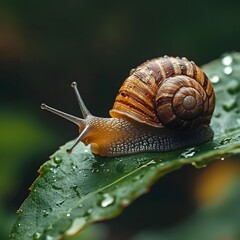 Close up Photograph of a Snail on a Wet Leaf in a Lush Green Environment