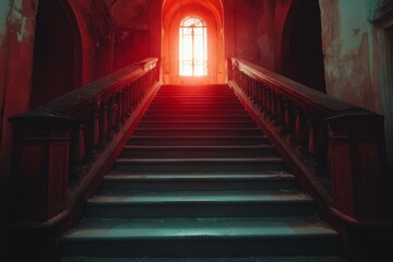 Fototapeta premium Red glowing doorway at the top of old staircase in dark moody interior