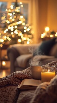 Cozy christmas eve scene with warm drink and festive decorations