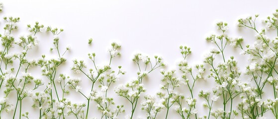 Delicate floral arrangement of white gypsophila flowers on a bright white background creating a soft and airy visual aesthetic for a serene and minimalist feel