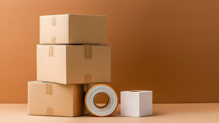 Stacked Cardboard Boxes With Packing Tape On Beige Background