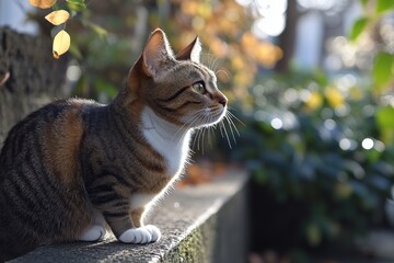 Tabby cat sitting on balcony railing with green plants behind
