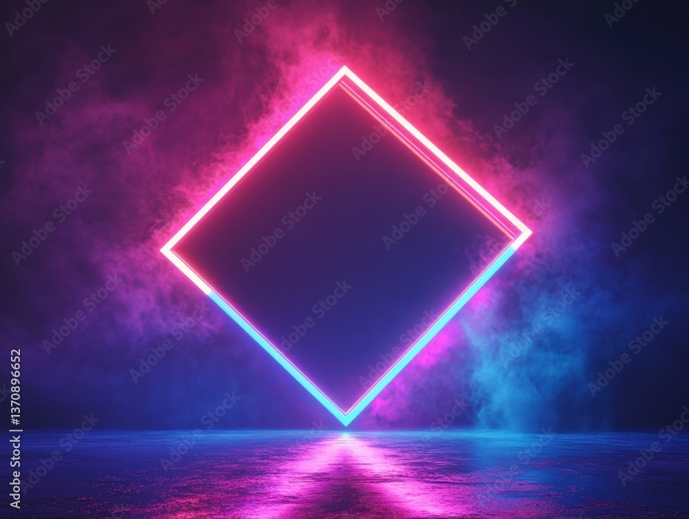 Poster abstract neon square with pink and blue lighting in a smoky atmosphere creating a futuristic and mod