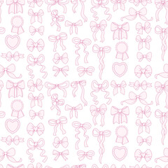Outline Vintage Pink Coquette Seamless Pattern. Ribbon Bow. Aesthetic Romantic Girly Vibe