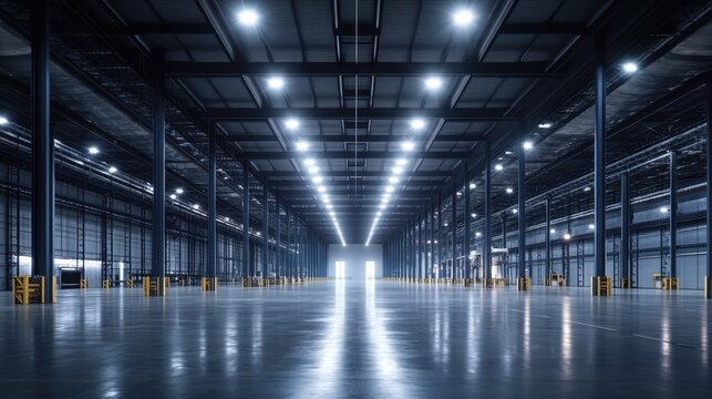 Vast empty warehouse interior with polished concrete floor and rows of metal support beams under bright lights offering a sense of scale and industrial space - Powered by Adobe