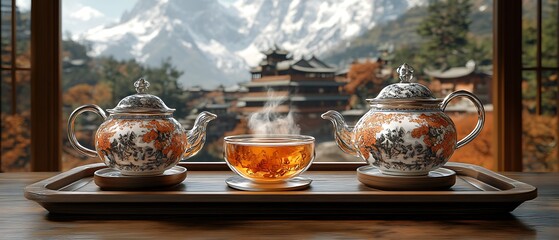 Tea set on a wooden tray with a mountain view background