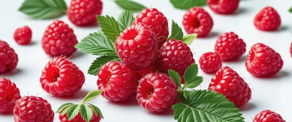 fresh juicy raspberries close-up with vibrant green leaves