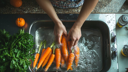 A person washing carrots in a sink with other vegetables and fruit on the counter top above view
