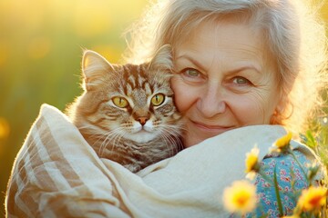 Elderly woman hugging a beloved cat, wrapped in warmth and soft light—perfect for pet therapy, senior care, or editable emotional design projects with a calming tone.