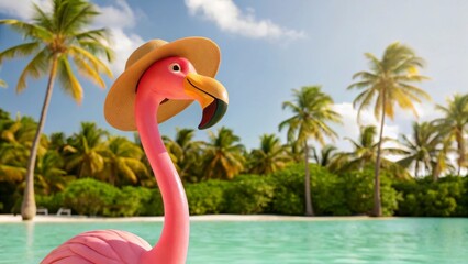Obraz premium vacation vibes animal concept Vibrant pink flamingo wearing a hat stands by a tropical beach with palm trees and clear water.
