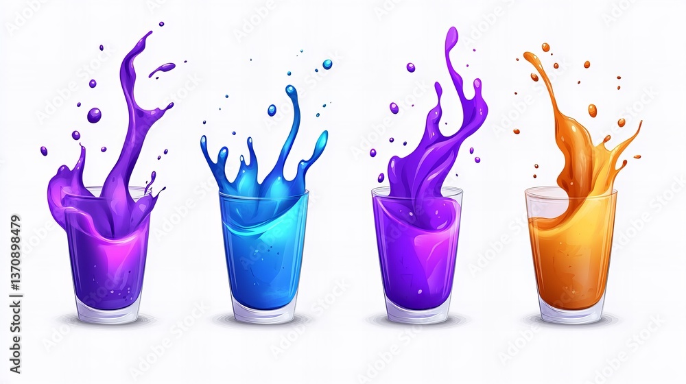 Aufkleber colorful liquids splash in different glasses on a white background creating dynamic vibrant streams.