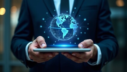 Business innovation technology. Business person using tablet computer. Network structure and technology icons