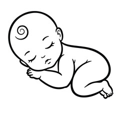 Fototapeta premium a minimalist, black and white vector illustration of a sleeping baby. The baby should be depicted in a curled-up position, lying on its side, with its hands gently tucked under its head.