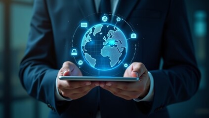 Business innovation technology. Business person using tablet computer. Network structure and technology icons