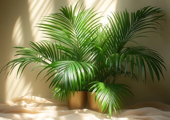 Obraz premium Lush green palm plant displays gracefully against a neutral background
