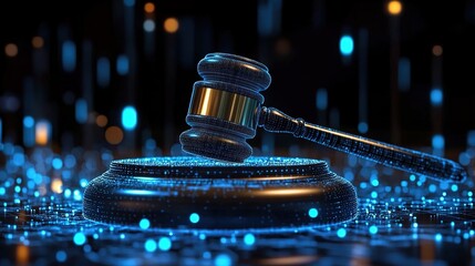 A digital gavel on a pedestal with glowing blue particles and lines, dark background