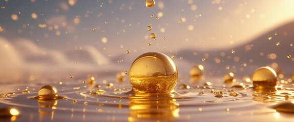 golden liquid droplet: captivating reflection in tranquil waters