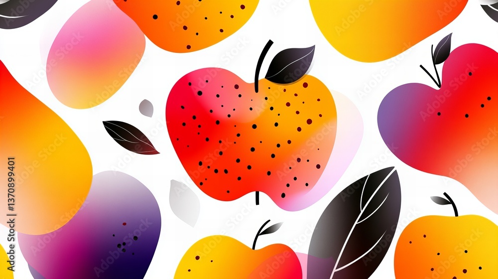 Poster colorful patterned apples are scattered on a white background alongside leaves and gradient shapes.