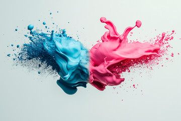Fototapeta premium Fluorescent neon ink splashes swirling in mid-air, high-speed capture, glowing effect, hyperrealistic details, ultra-sharp focus, pure white background