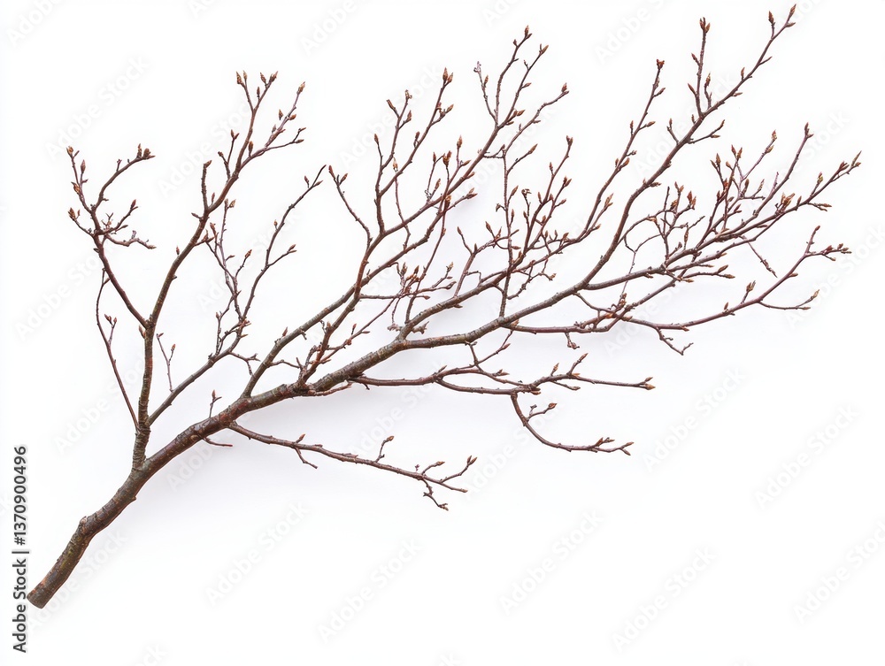 Poster budding branch on bright white backdrop creating a serene and minimalist composition for spring seas