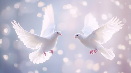 Fototapeta premium Two white doves in flight, soft background