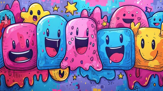 Colorful cartoon ice cream treats with faces in a graffiti style background