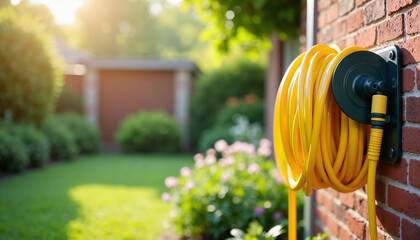 Neatly wound yellow garden hose on brick wall, organized gardening space