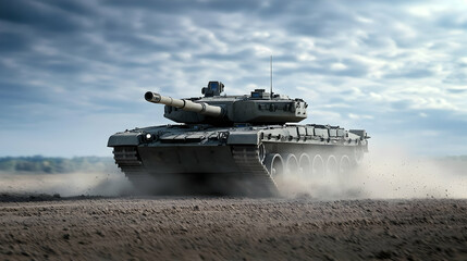 Gray Tank Driving Through Dusty Terrain Under Cloudy Sky