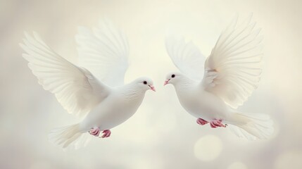 Fototapeta premium Two white doves in flight, soft background