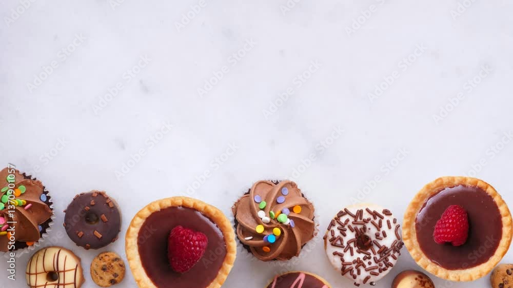 Poster dessert bottom border with n assortment of sweets. overhead view, stop motion video on a dark stone 