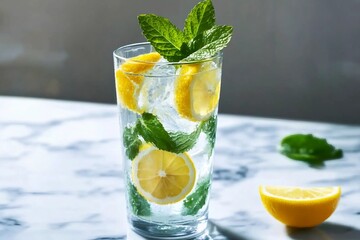 Lemon water with fresh lemons and mint