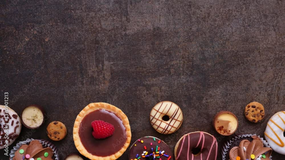 Poster dessert bottom border with a variety of sweets. top view, stop motion video on a dark stone backgrou