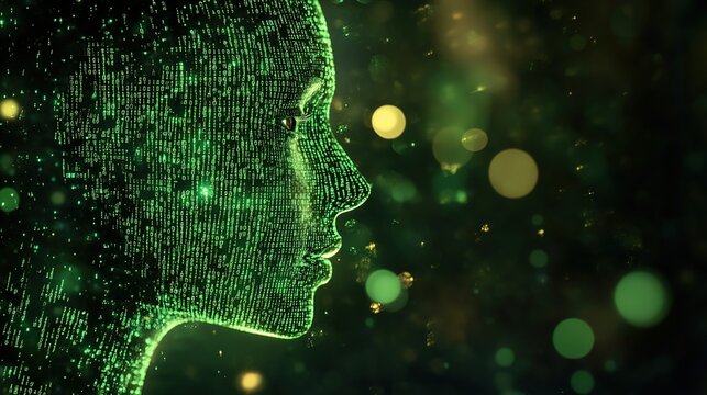 A digital human face with green binary code texture, blurred bokeh background