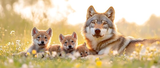Wolf family sunset meadow.