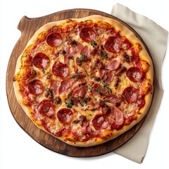 Delicious Pepperoni Pizza on Rustic Wooden Board with Fresh Herbs and Creamy Mozzarella Cheese Overhead Shot for Food Photography