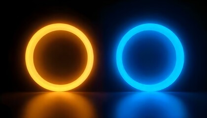 Two glowing circles, one yellow and one blue, stand out against a black background