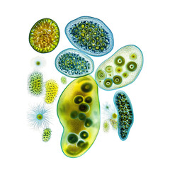 Colorful aquatic microorganisms display variety of shapes and textures, showcasing diversity of protists ecosystems. These organisms play vital role aquatic environments, contributing to