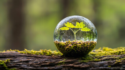 Small Plant In Glass Sphere On Mossy Log