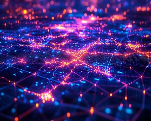 Obraz premium Neon City Network Map.