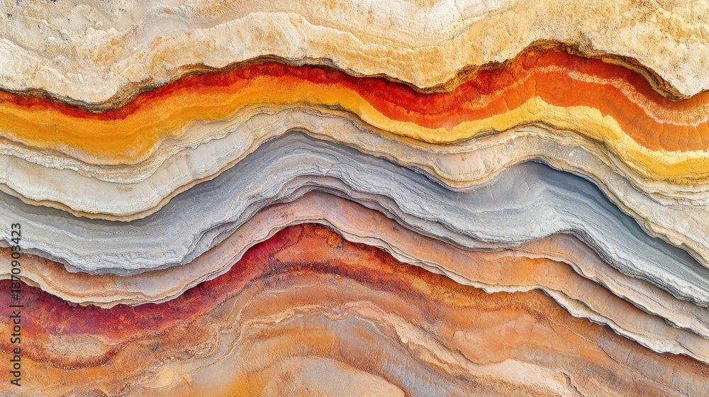 Poster aerial view of multicolored rock formation displaying layers of earth tones and unique geological pa