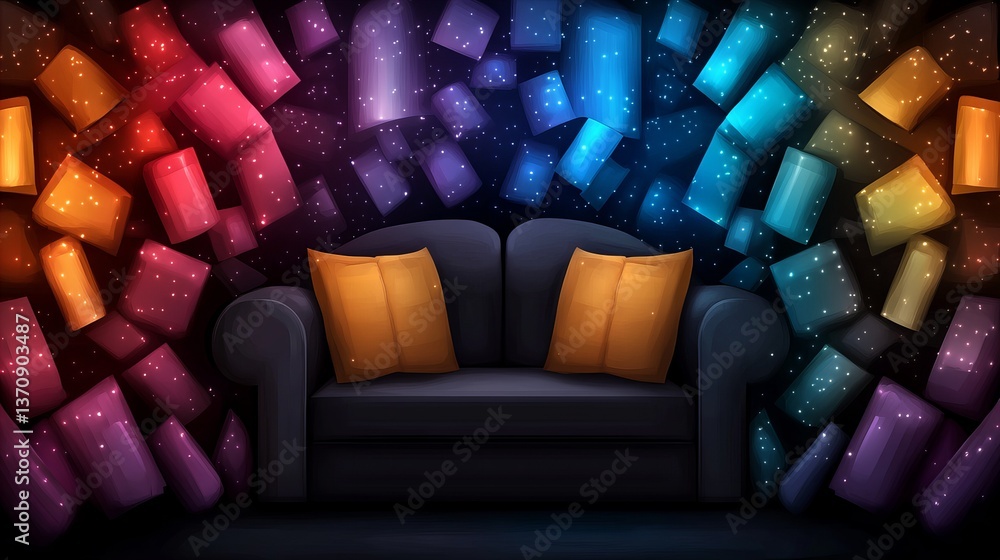 Poster dark gray sofa sits with yellow pillows surrounded by floating color blocks in a digital art illustr