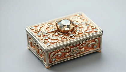 Ornate jeweled box featuring a large diamond and smaller crystals